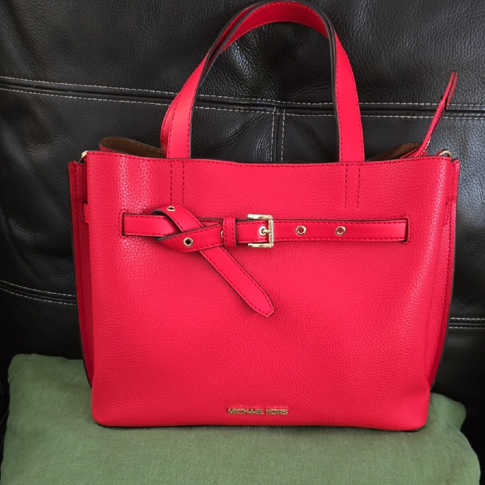 Michael Kors Emilia Satchel Vibrant Red Leather Tote with Gold Accents
